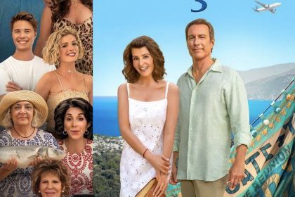 ‘Another sloppy helping of migrant family cliches’: John Corbett (left), Nia Vardalos (centre) and Andrea Martin (second right) star in My Big Fat Greek Wedding
