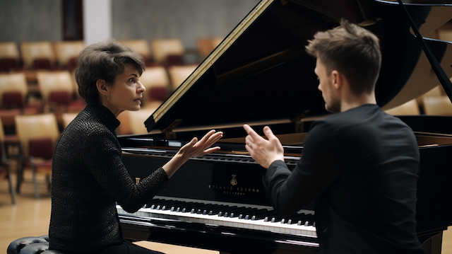 young man learning how to play the piano with music his teacher
