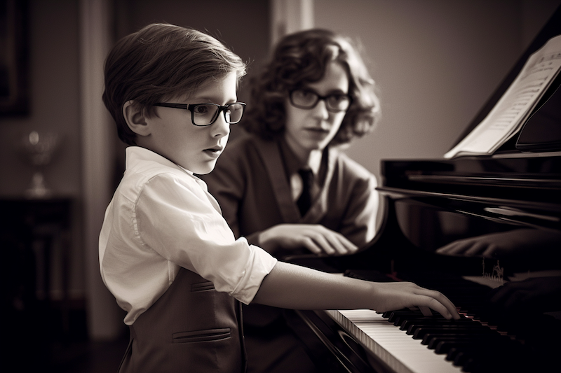child learning how to play the piano with music his teacher
