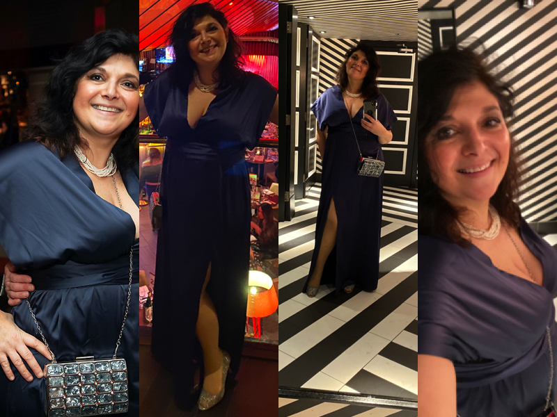 silk infinity dress navy worn by Monica Costa London Mums magazine collage