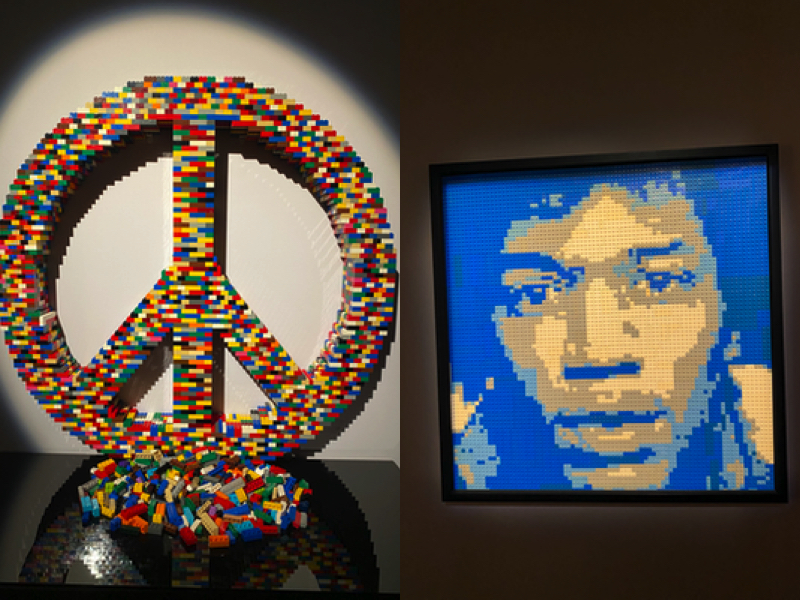 peace sign and jimi hendrix art at LEGO art expo Art of the Brick in London