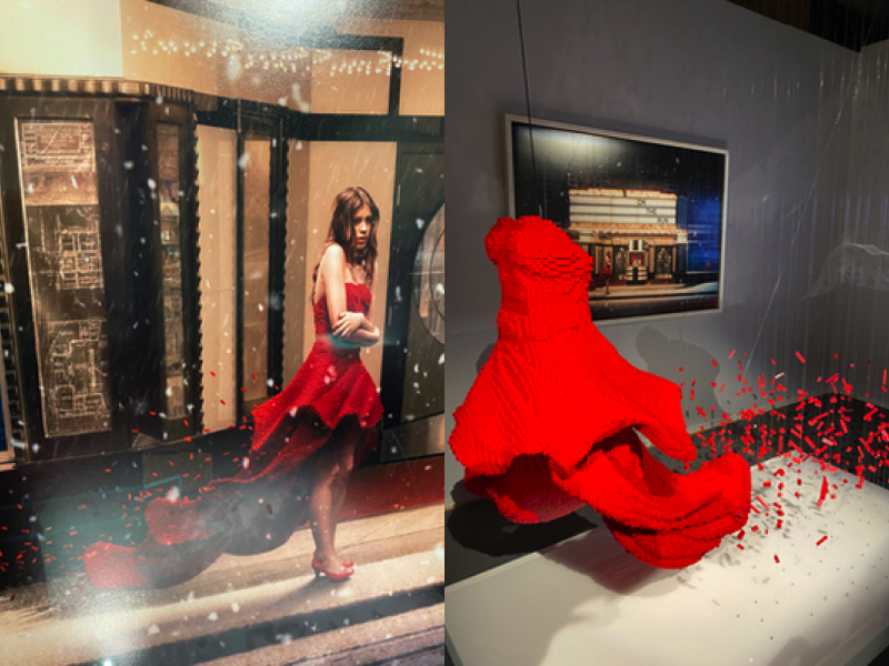 red dress at LEGO art expo Art of the Brick in London