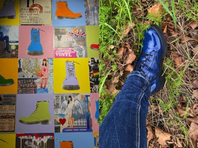 Blue patent Dr Martens similar shoes London Mums magazine collage