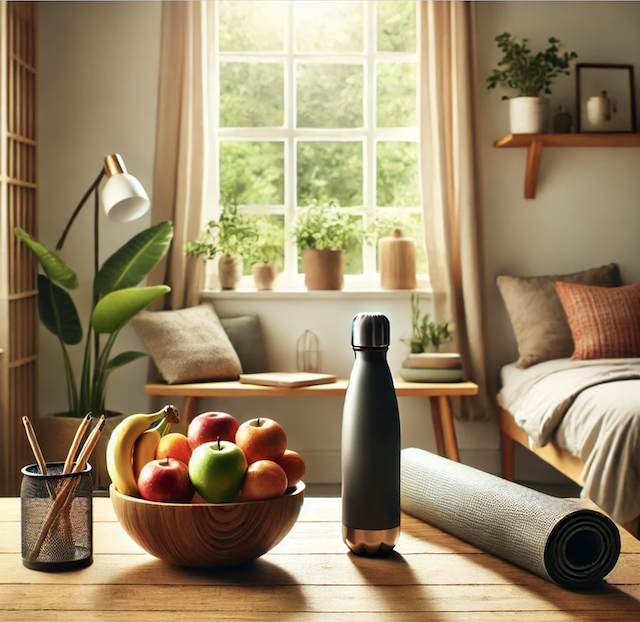 health hacks image of apples and water bottle on a desk by Monica costa london mums magazine 2024-11-18