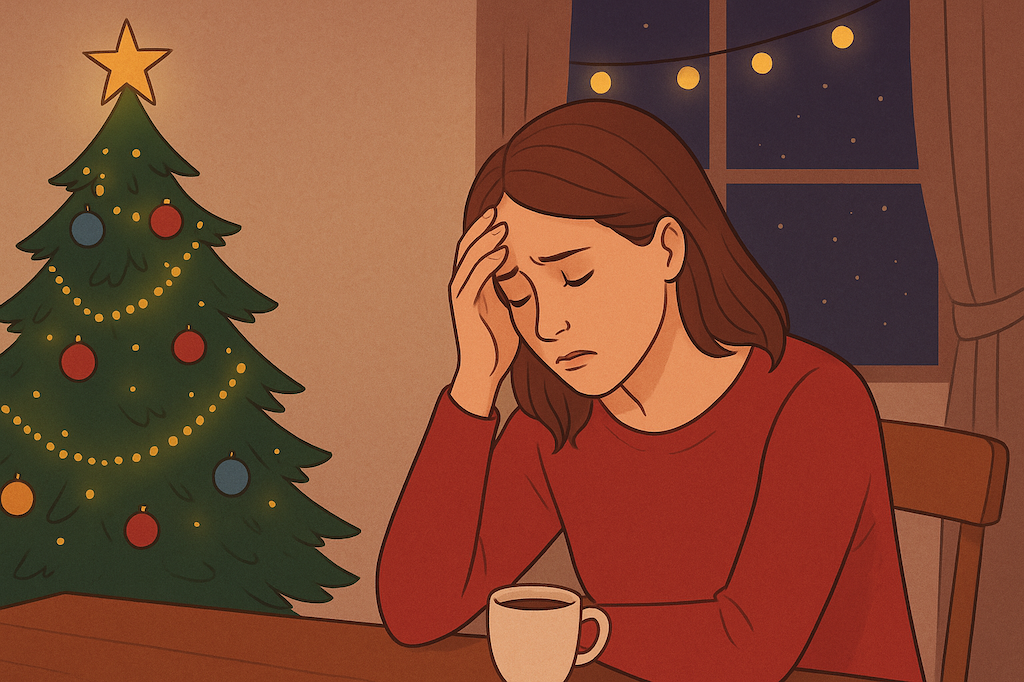 sad woman London Mum near the Christmas tree