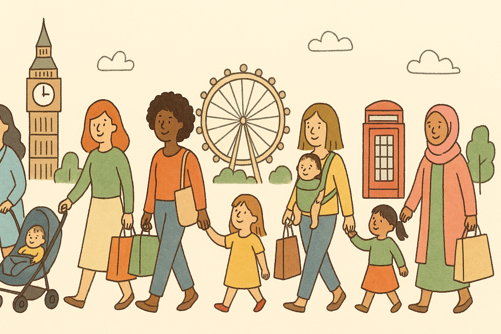 various London Mums - very diverse women and kids - shopping in London organised in a long horizontal line.png