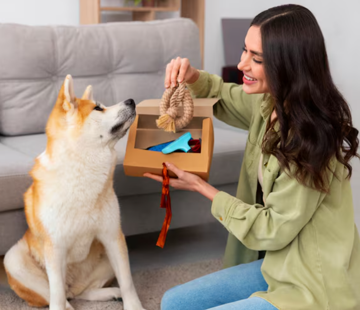 woman playing with her dog 
