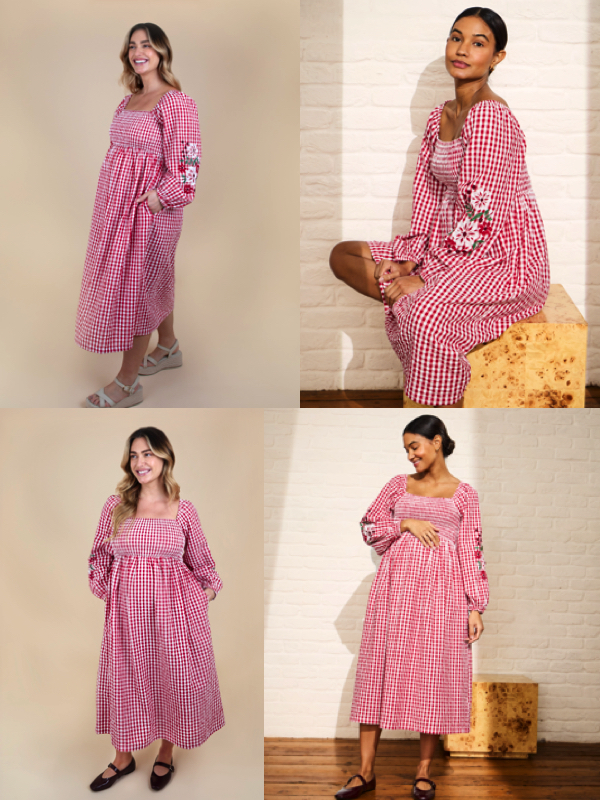 jojomamanbebe bright-red-embroidered-puff-sleeve-shirred-gingham-maternity-midi-dress