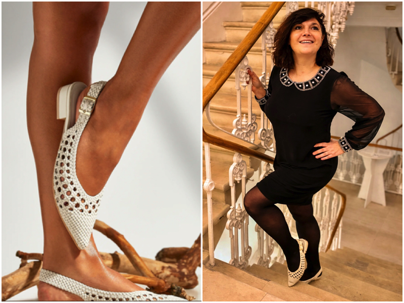 Linzi shoes ivory with black dress collage