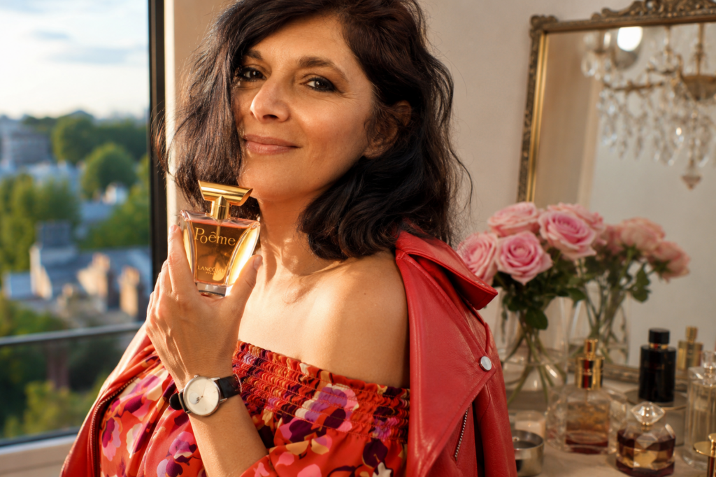 Monica Costa model holding Poeme Lancome perfume