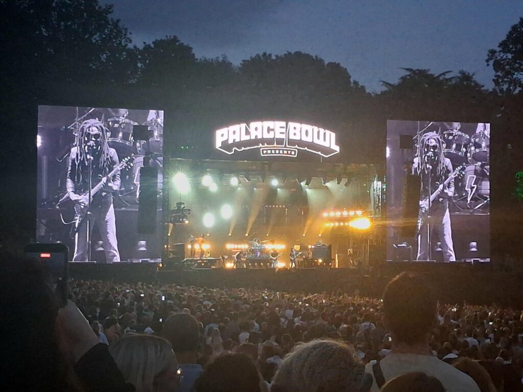 Lenny Kravitz performing live on stage at Crystal Palace Bowl in London during his August 2026 concert.