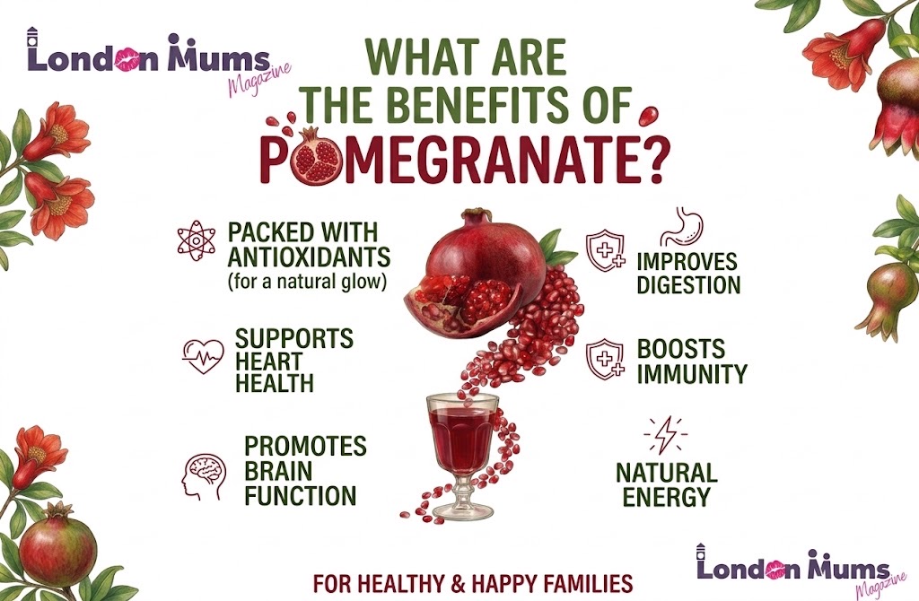 benefits of pomegranates poster by london mums magazine