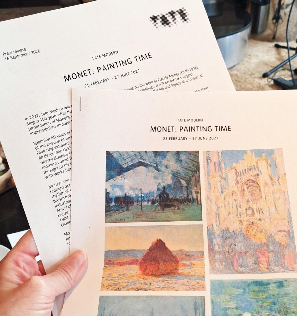 Tate press release for Monet: Painting Time exhibition, featuring images of Claude Monet’s paintings and details about the exhibition’s curation