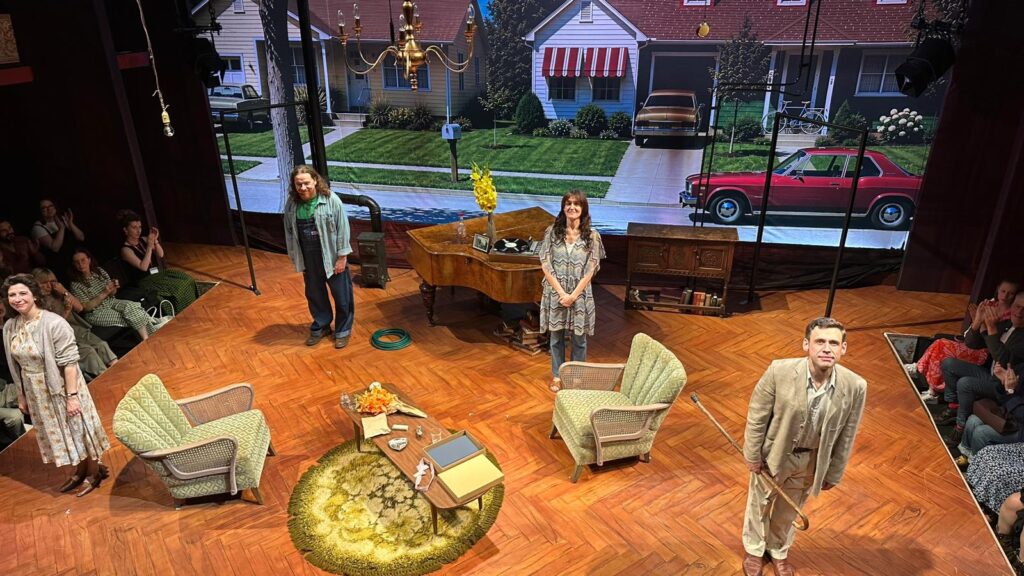 Four actors from Holy Fool taking their final bow on stage at Park Theatre in London