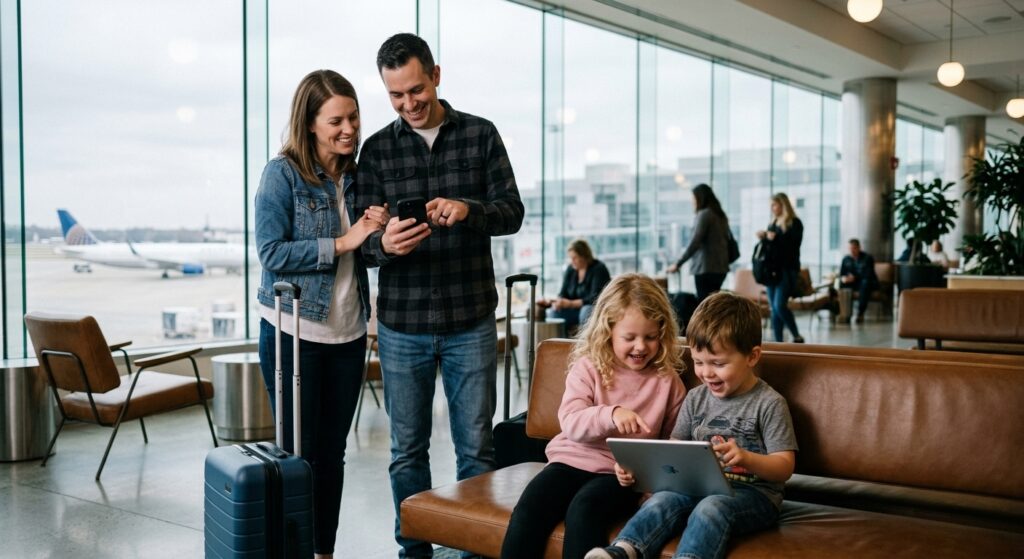 young family with kids at airport - travel with kids london mums magazine